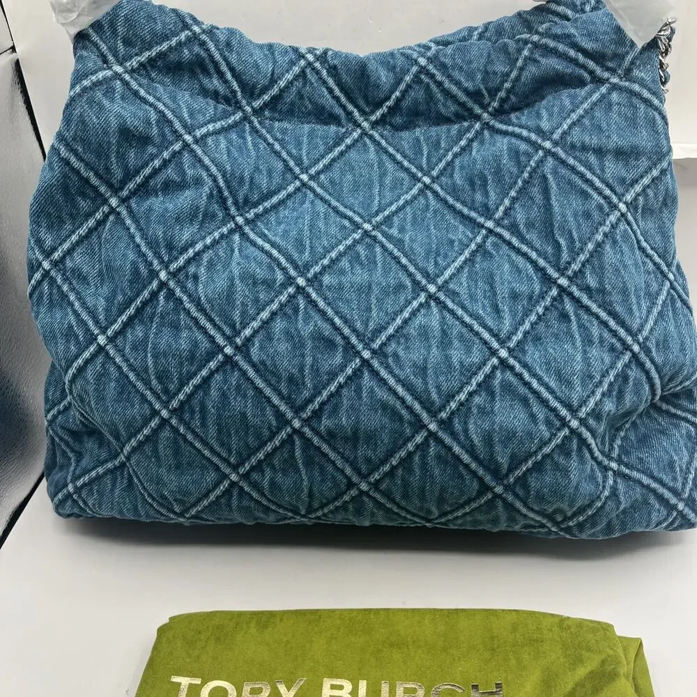 Tory Burch Fleming Blue Denim Large Hobo Tote Handbag Women’s Cotton Purse NWT